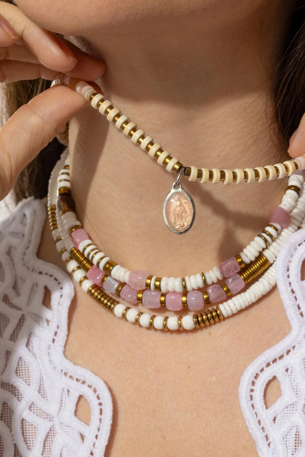 FE Pink Virgencita Pendant Rondelle Necklace - Image 3