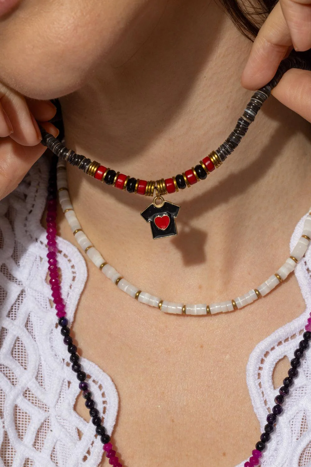 Grey Beaded Heart Charm Necklace - Image 3
