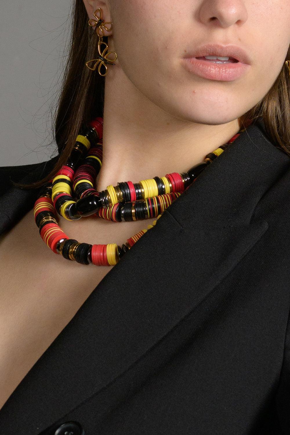 Jaipur Black Red Yellow African beaded Necklace - Image 2