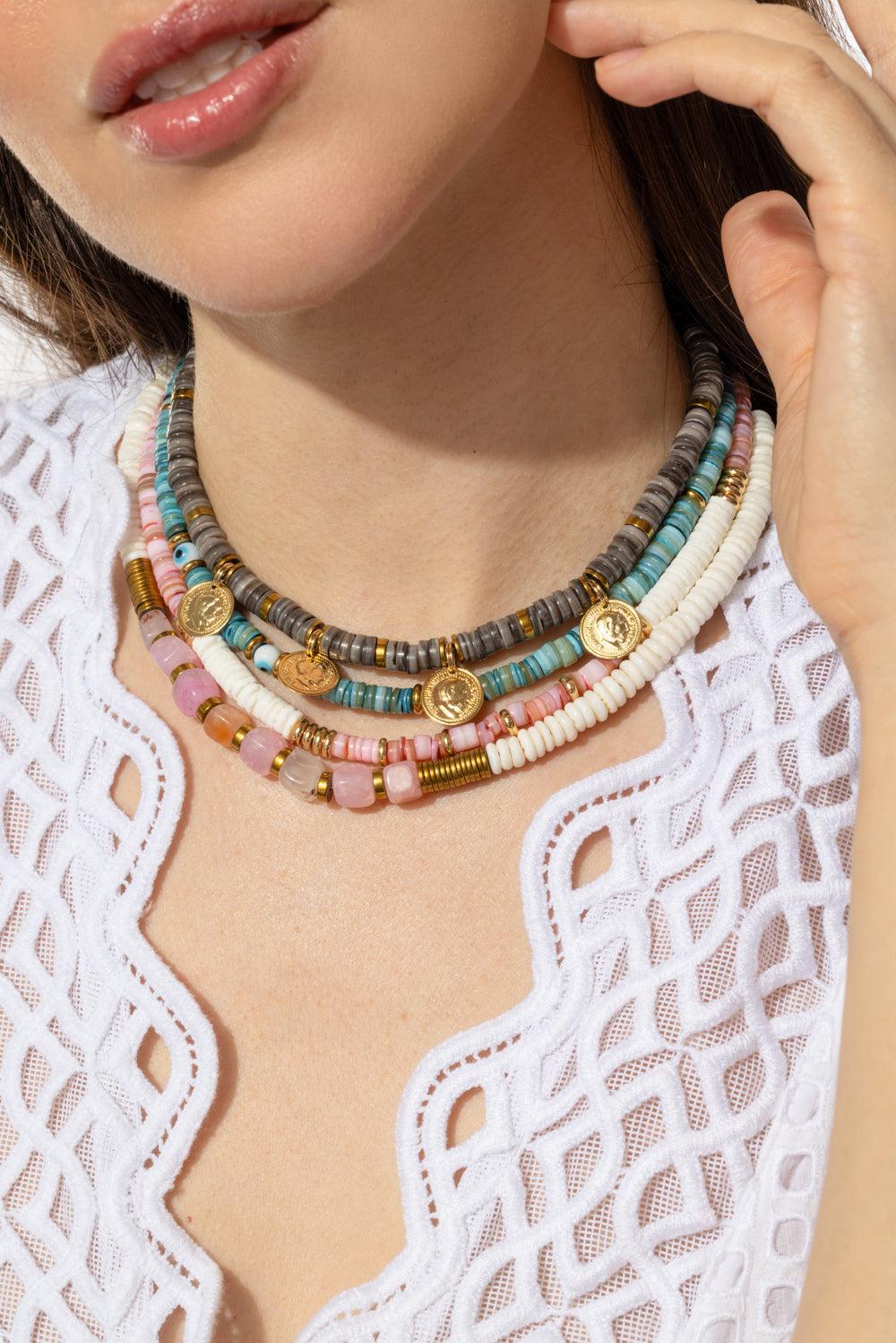 Pink White Shell Rondelle Necklace - Image 2