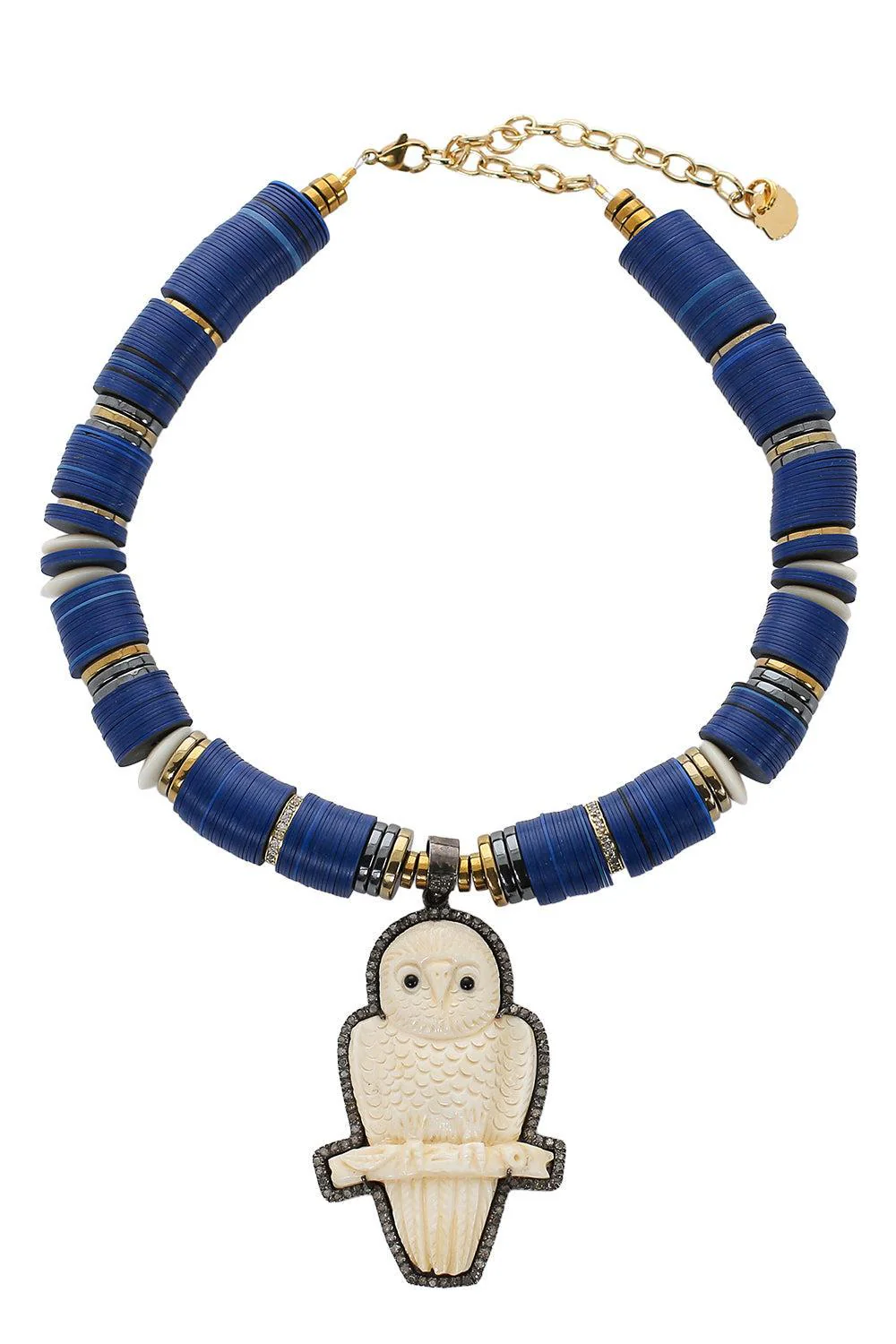PM Bone Owl Pendant Blue Puka Necklace