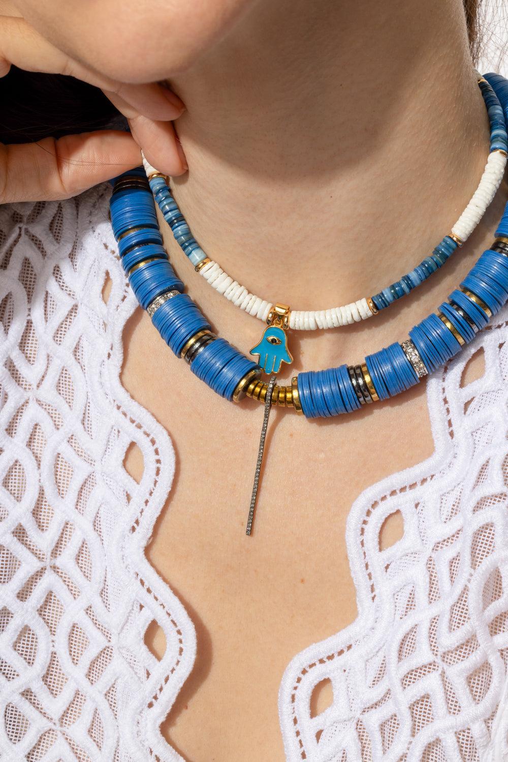White Blue Sea Shell Hamsa Necklace