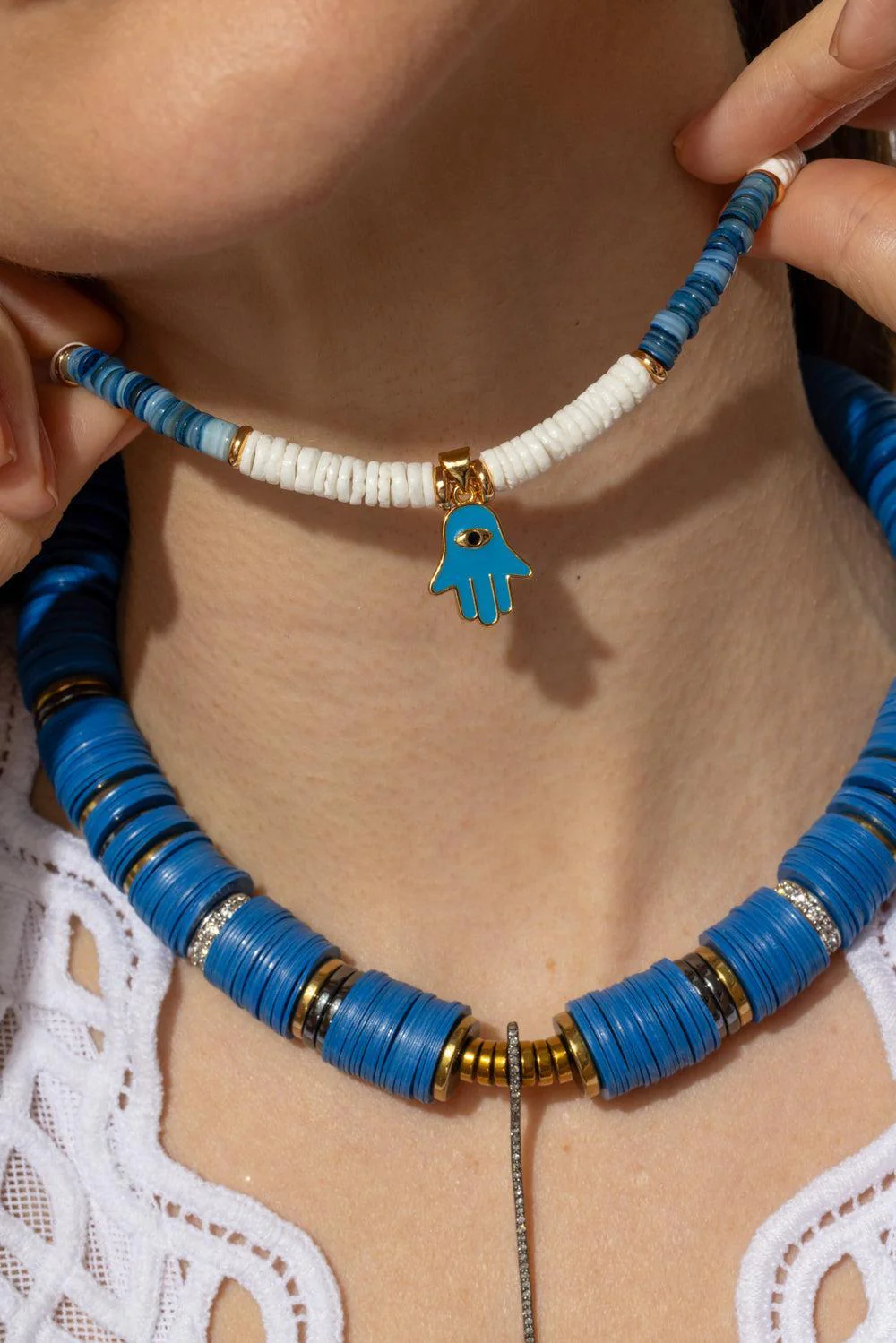 White Blue Sea Shell Hamsa Necklace - Image 2