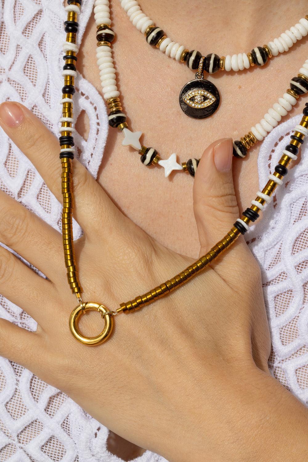 White Puka Black Beaded Rondelle Necklace - Image 3