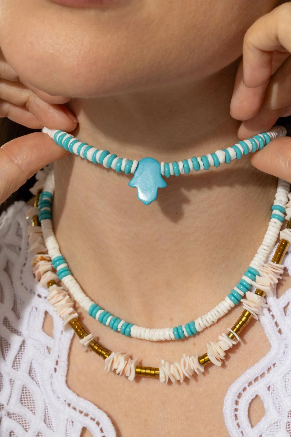 White Turquoise Beaded Hamsa Necklace - Image 3