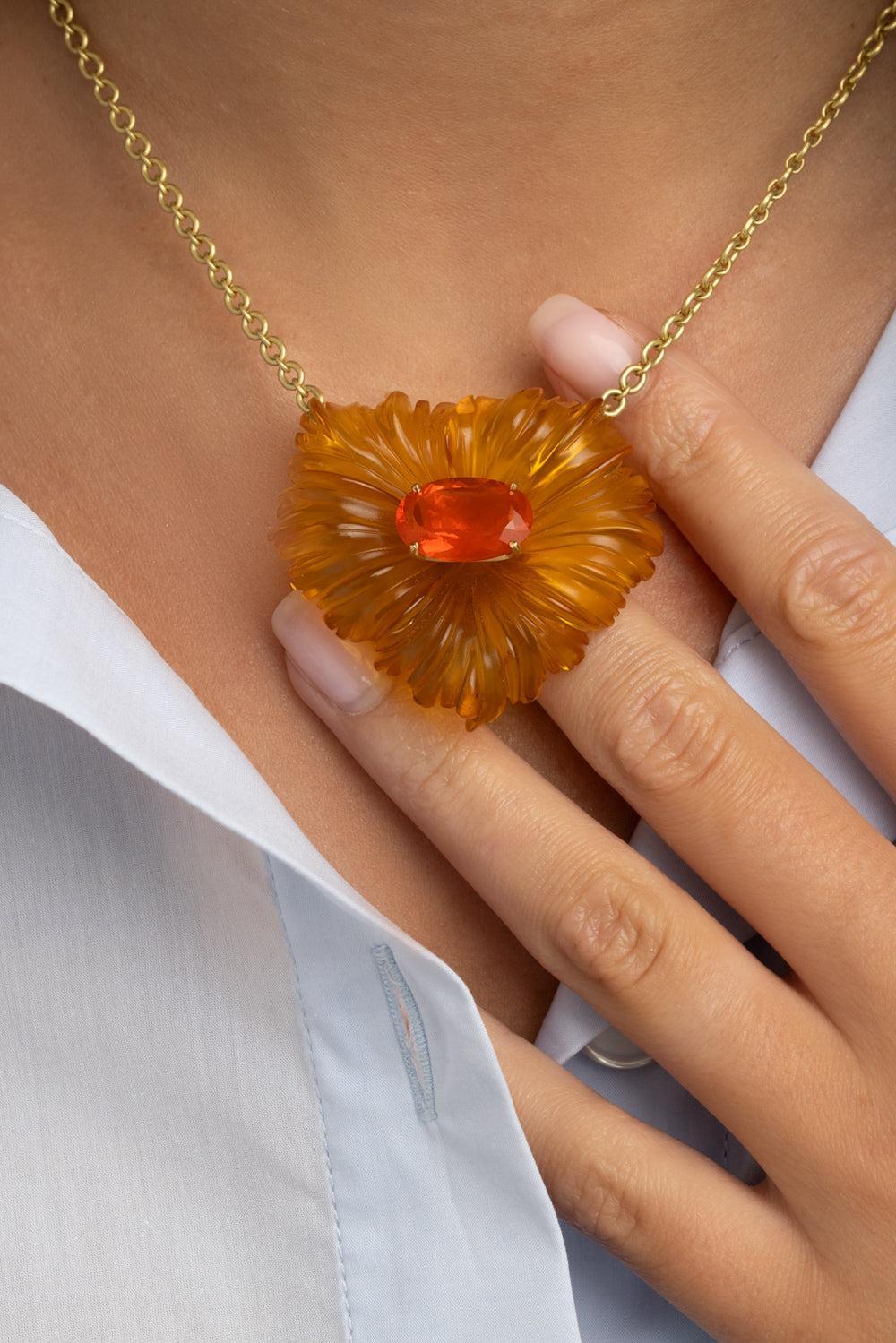 Amber Fire Opal Tropical Flower Necklace - Image 4