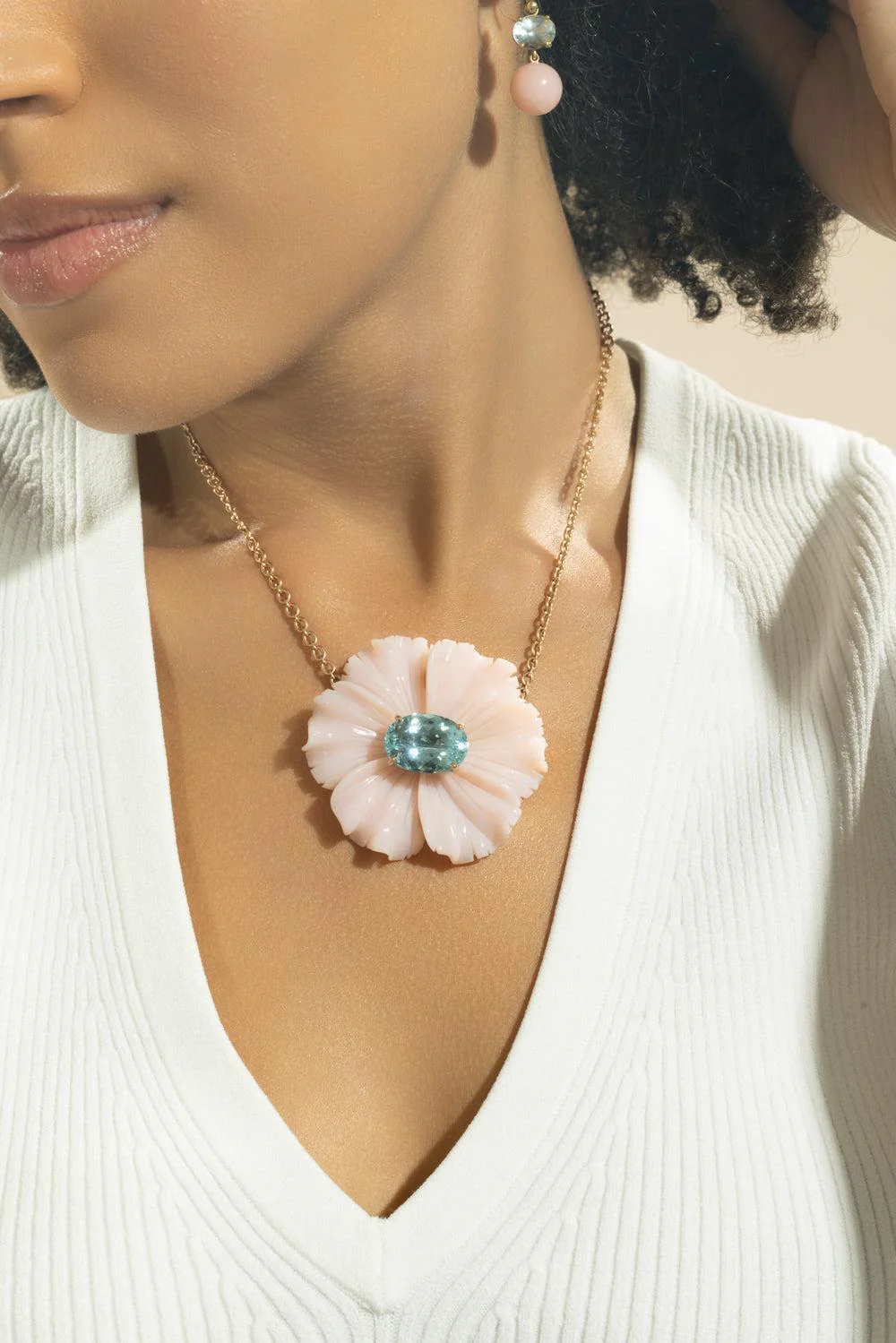 Aquamarine Pink Opal Tropical Flower Necklace - Image 2