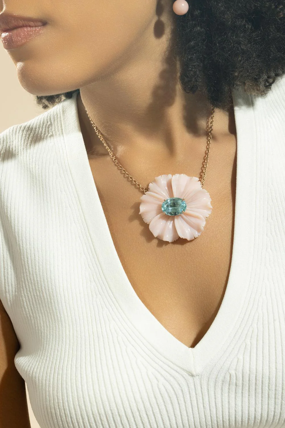 Aquamarine Pink Opal Tropical Flower Necklace - Image 3