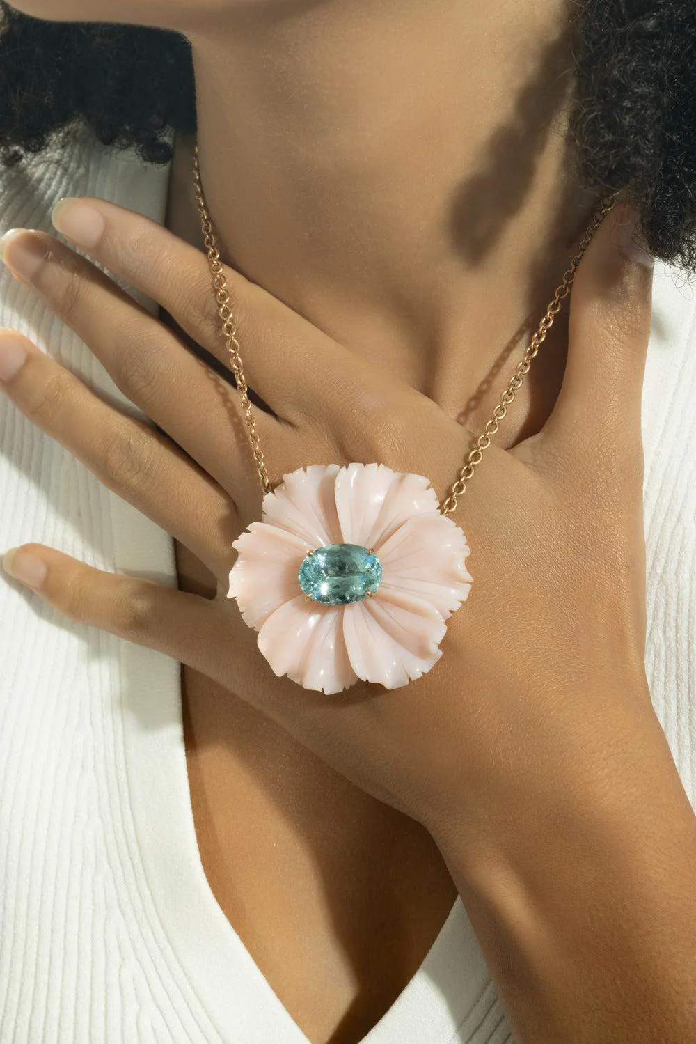 Aquamarine Pink Opal Tropical Flower Necklace - Image 4