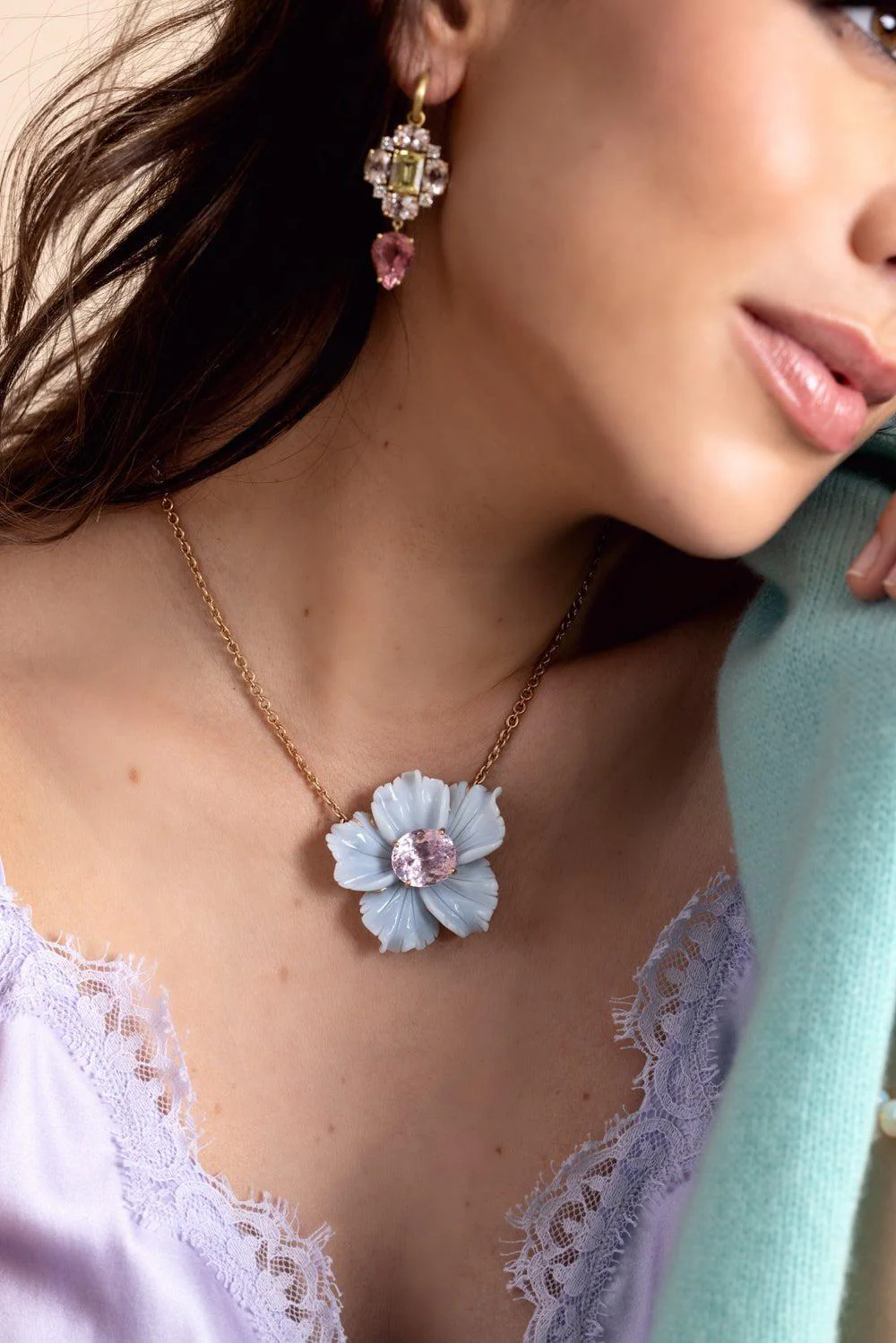 Opal Kunzite Tropical Flower Necklace - Image 4