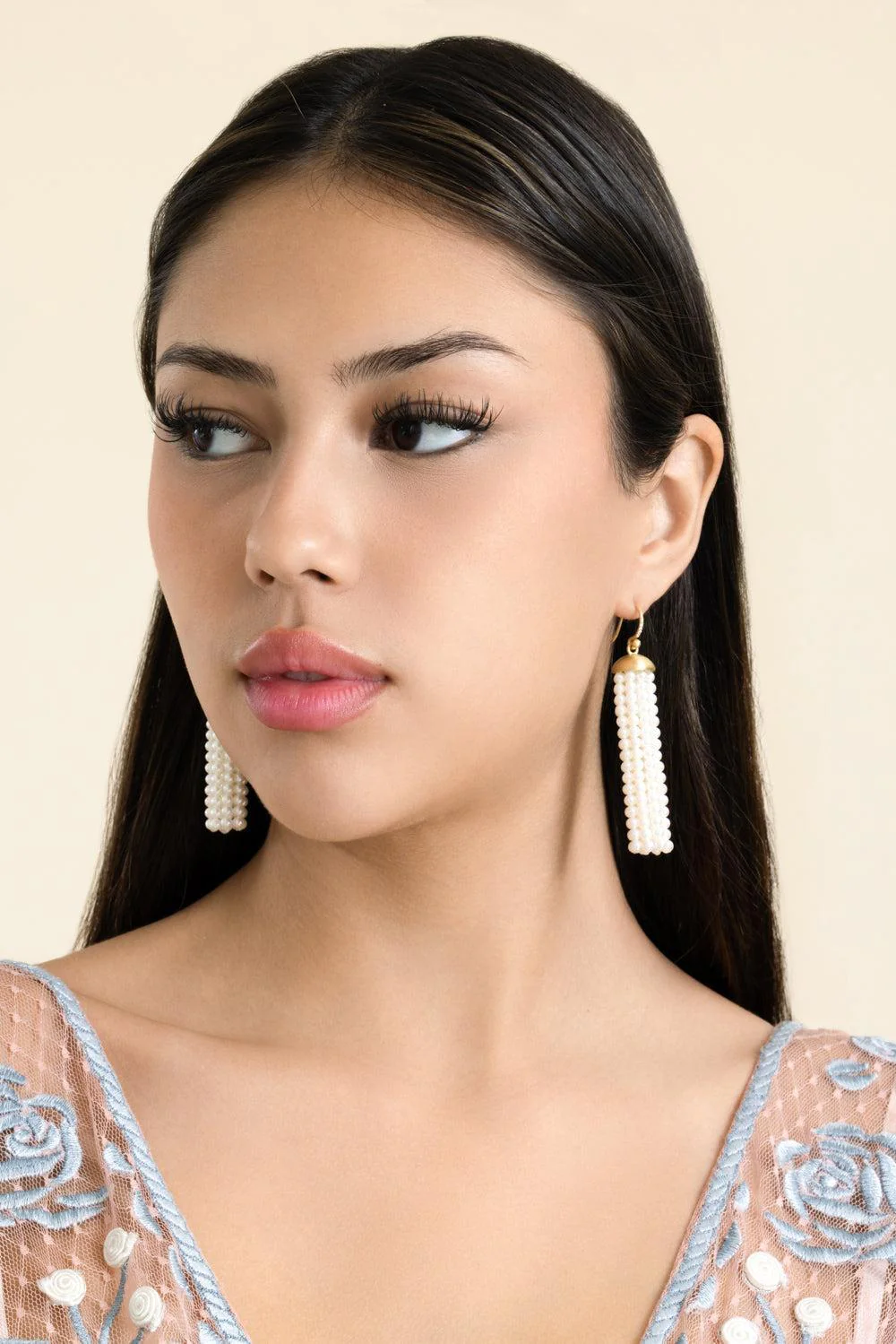 Pearl Diamond Medium Tassel Earrings - Image 3