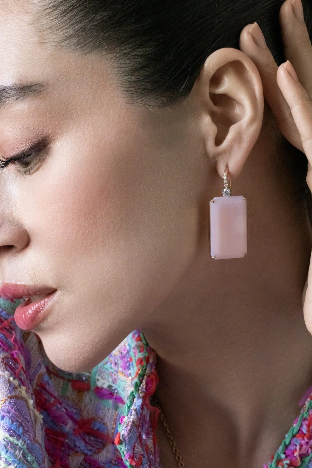 Pink Opal Diamond Rectangle Hook Earrings - Image 3