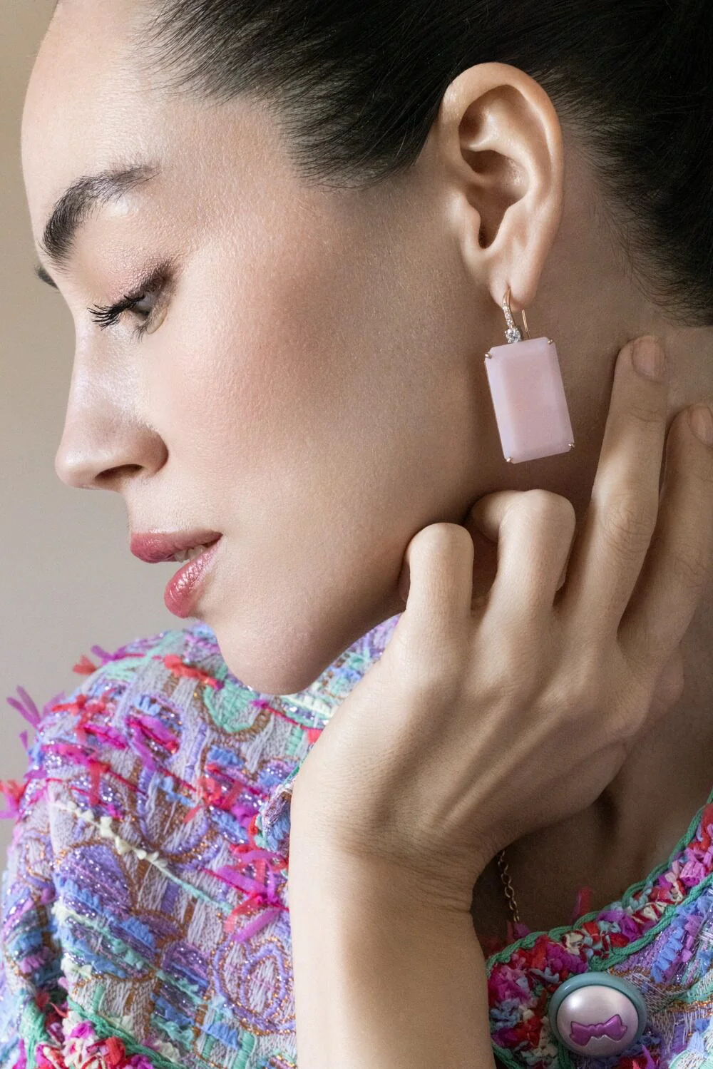 Pink Opal Diamond Rectangle Hook Earrings - Image 4