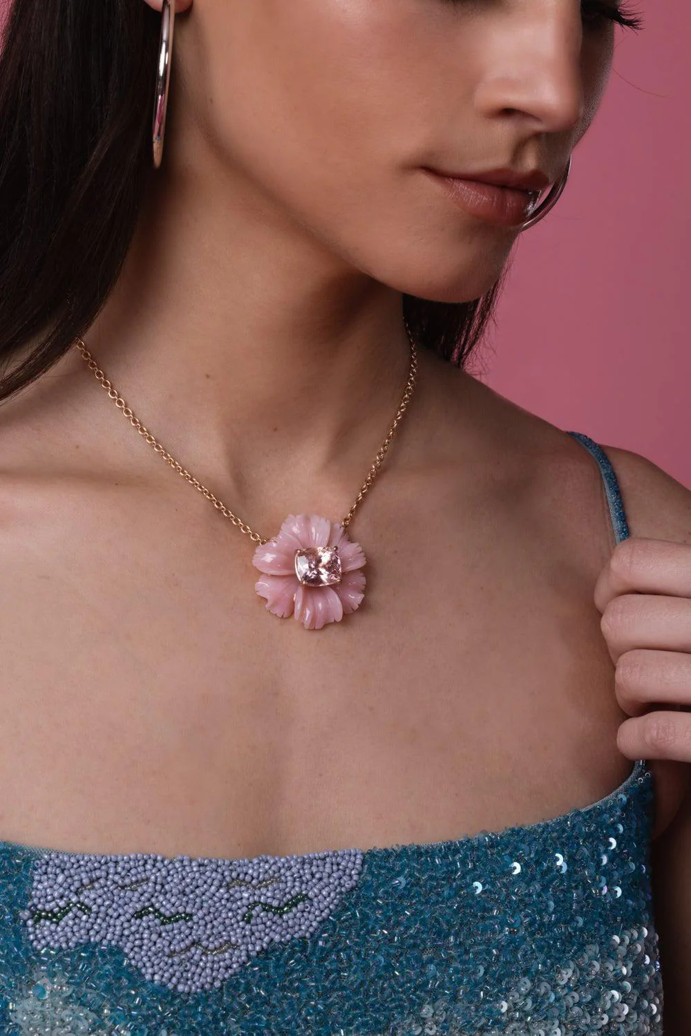Pink Opal Tropical Flower Necklace - Image 4