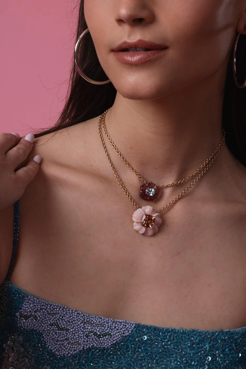 Pink Tourmaline Botanical Tropical Flower Necklace - Image 3