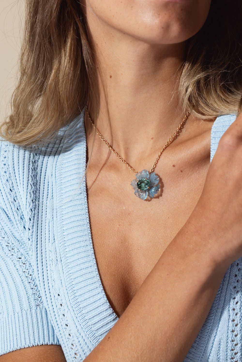 Tropical Flower Aquamarine Indicolite Necklace - Image 2