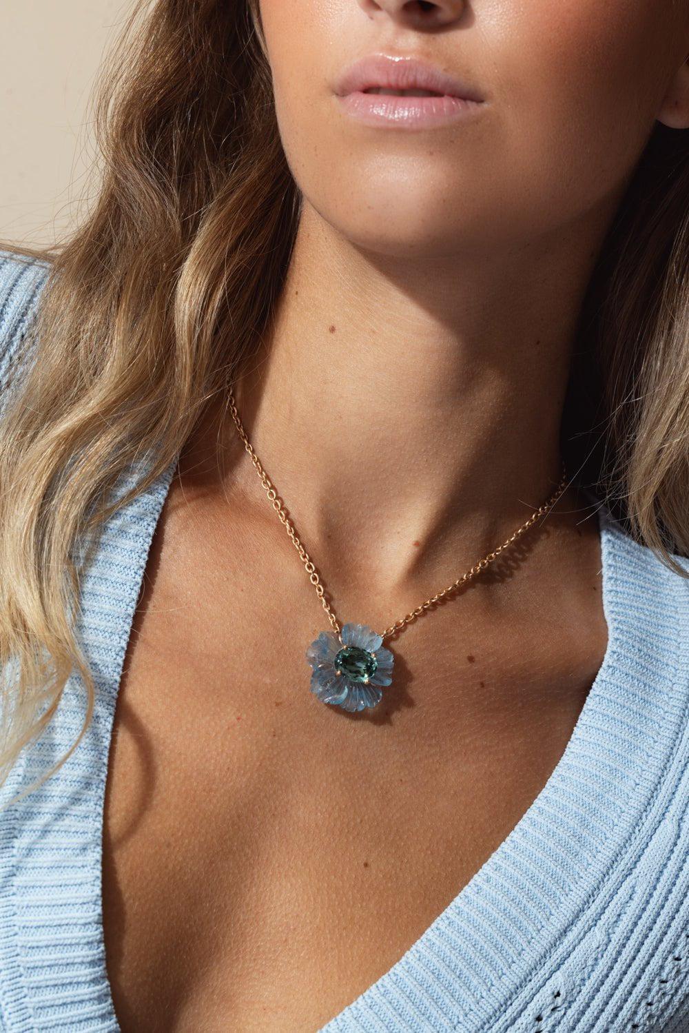 Tropical Flower Aquamarine Indicolite Necklace - Image 3