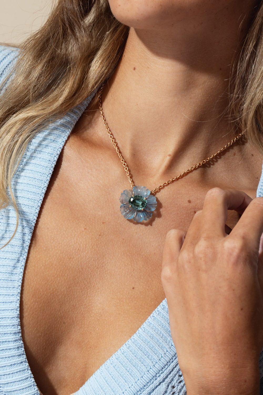Tropical Flower Aquamarine Indicolite Necklace - Image 4