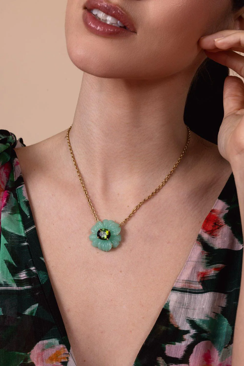 Tropical Flower Chrysoprase Tourmaline Necklace - Image 2
