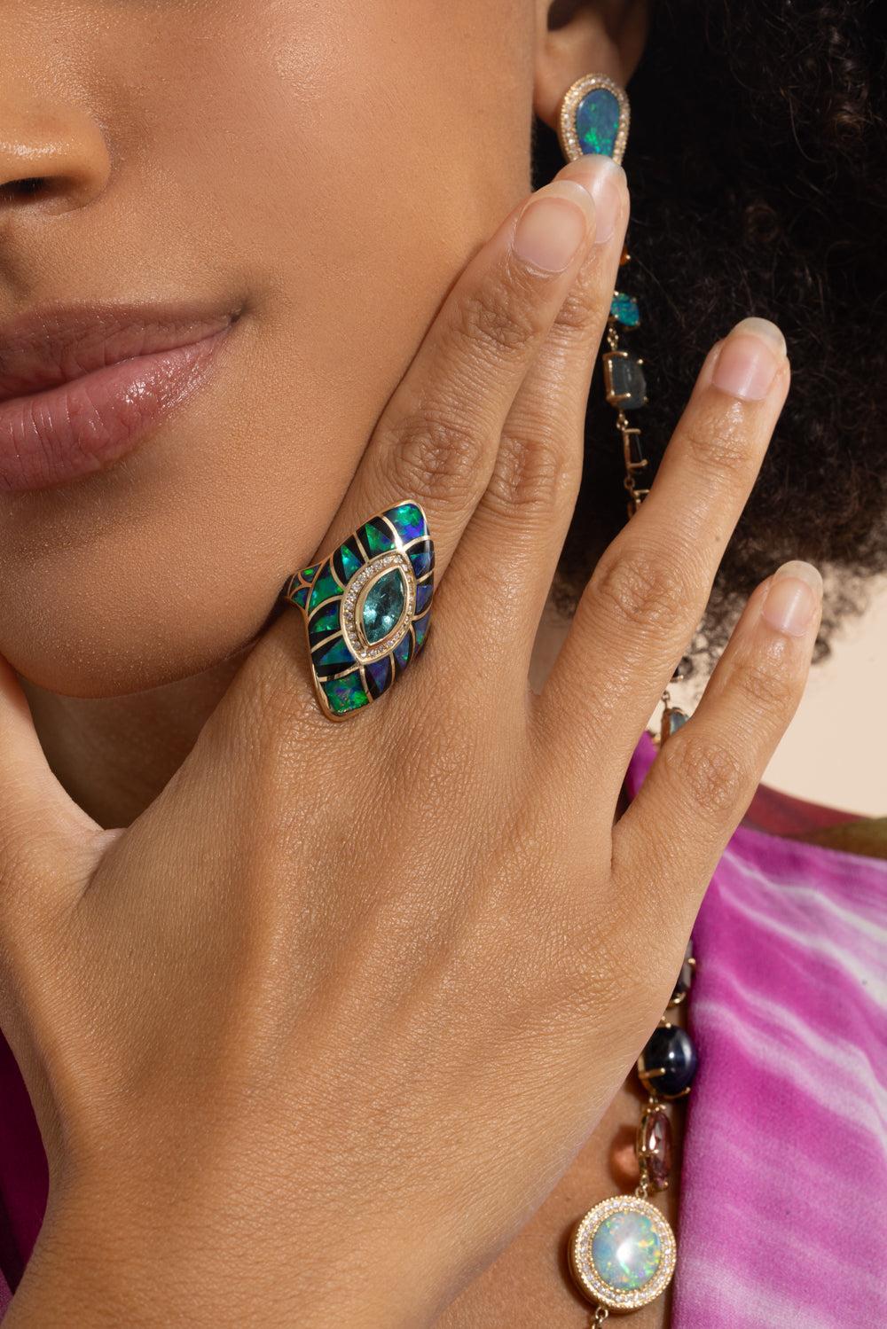 Blue Tourmaline Green Opal Kite Ring - Image 6