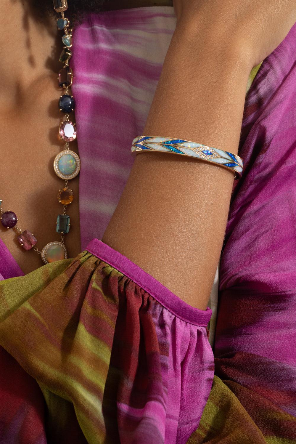 Blue White Opal Chevron Mosaic Cuff Bracelet - Image 4