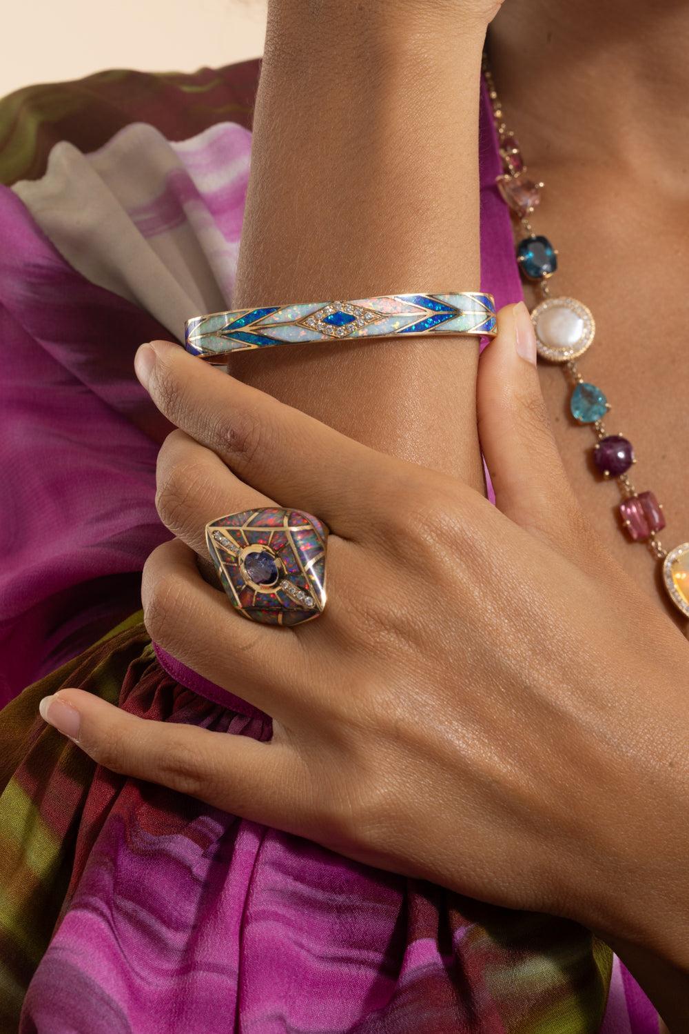 Blue White Opal Chevron Mosaic Cuff Bracelet - Image 5