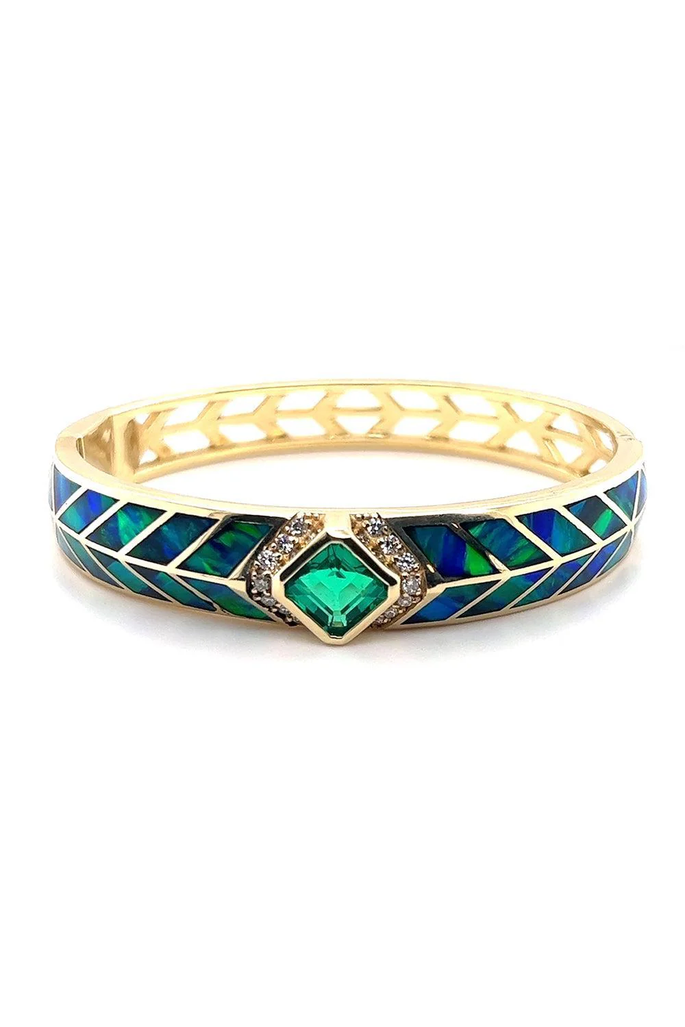 Diamond Emerald Opal Chevron Cuff Bracelet