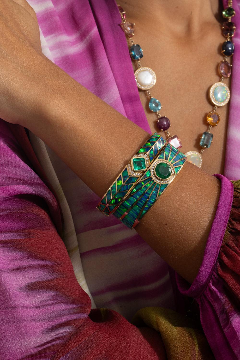 Diamond Emerald Opal Chevron Cuff Bracelet - Image 4