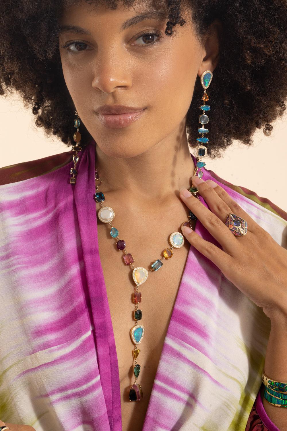 Multi Gemstone Diamond Rolo Y Necklace - Image 4