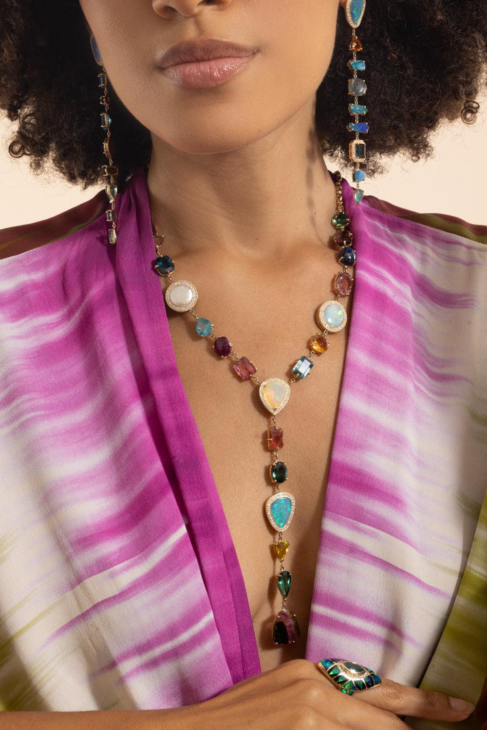 Multi Gemstone Diamond Rolo Y Necklace - Image 5
