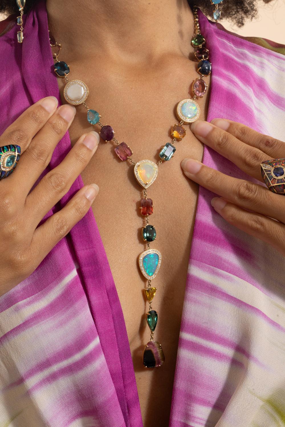 Multi Gemstone Diamond Rolo Y Necklace - Image 6