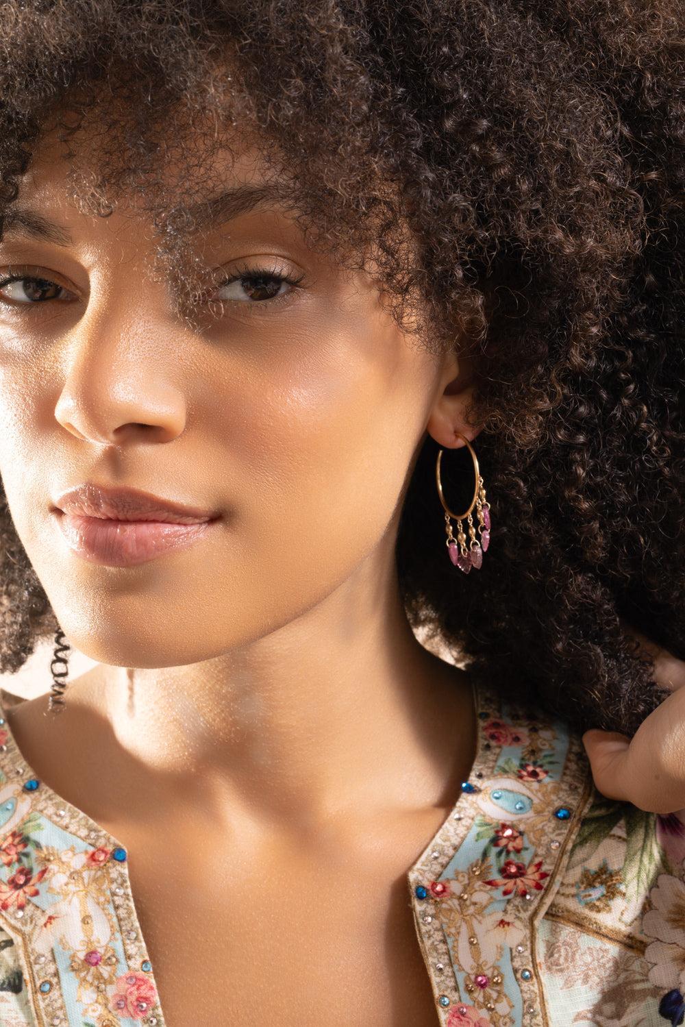 Pink Tourmaline Leaf Hoop Earrings - Image 4