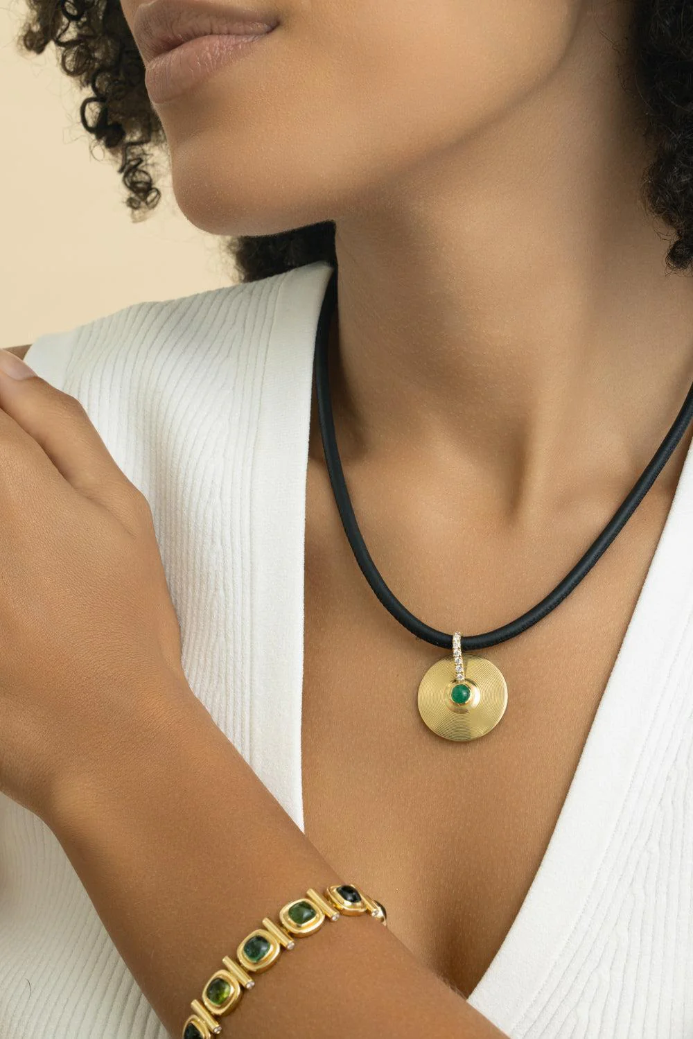 Diamond Emerald Cabochon Small Cymbal Pendant - Image 2