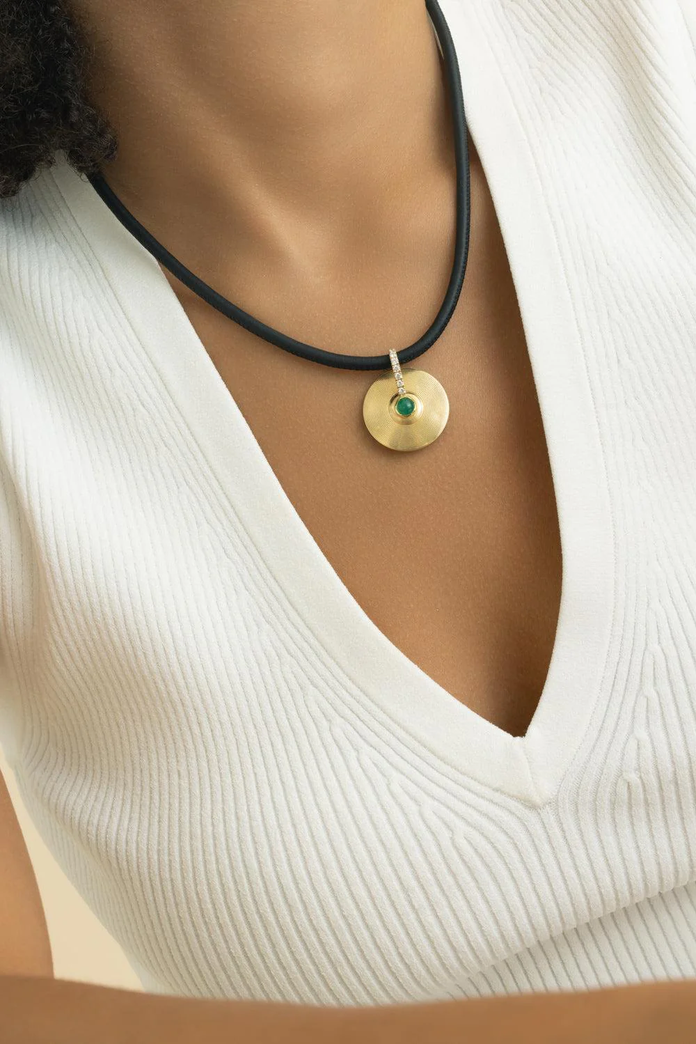 Diamond Emerald Cabochon Small Cymbal Pendant - Image 3