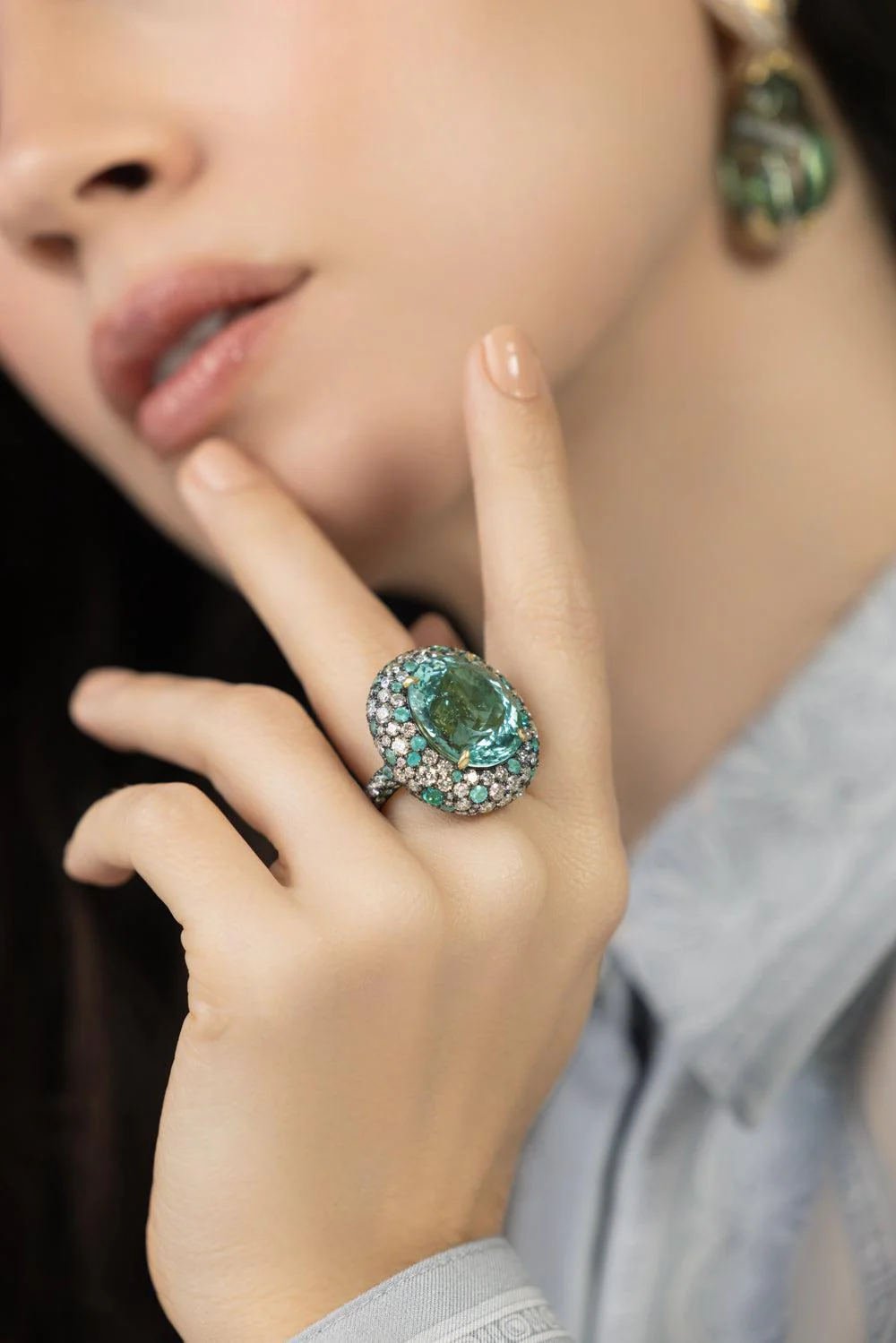 Green Beryl Paraiba Diamond Ring - Image 2