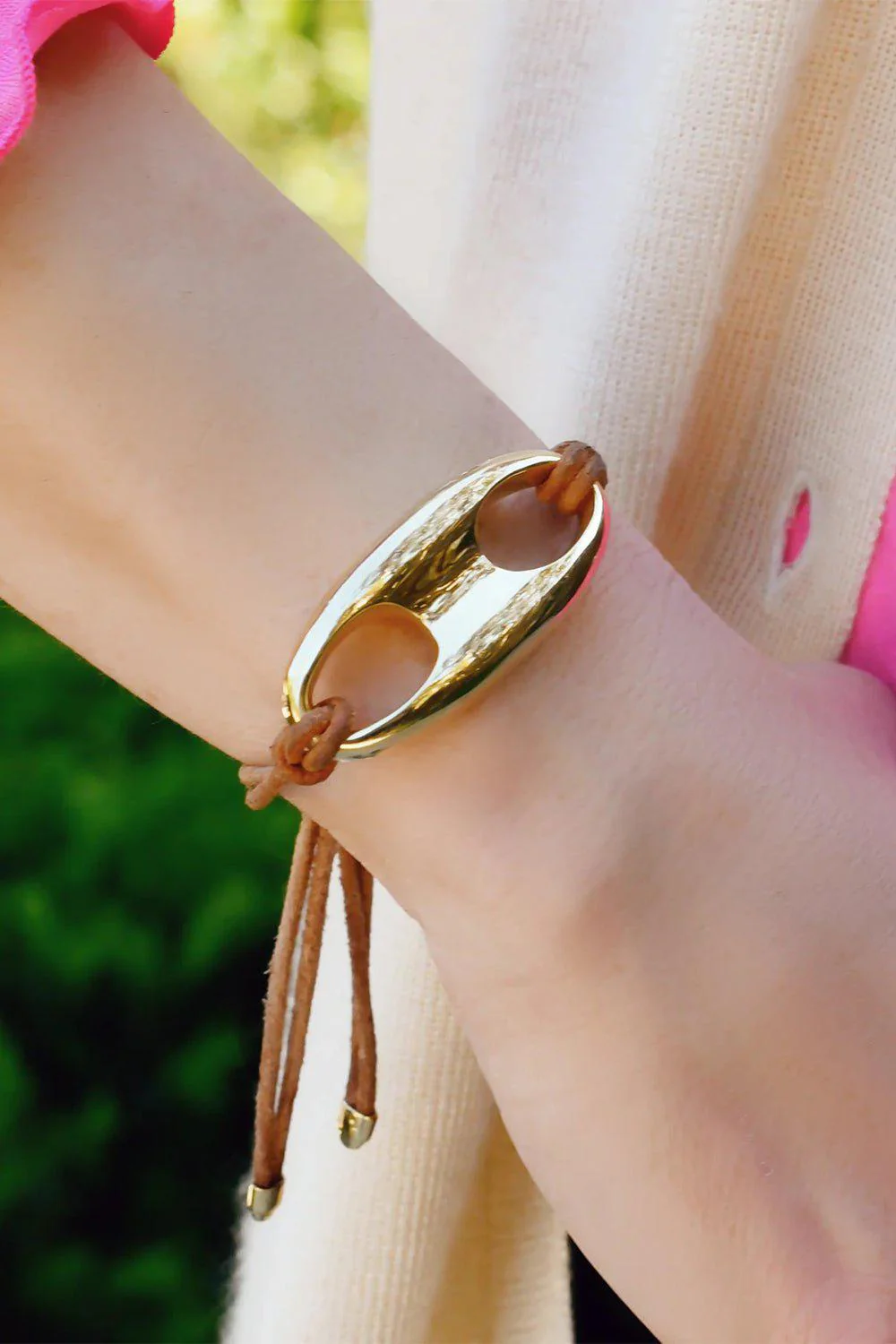 Large Gold Anchor Link Leather Bracelet - Image 2
