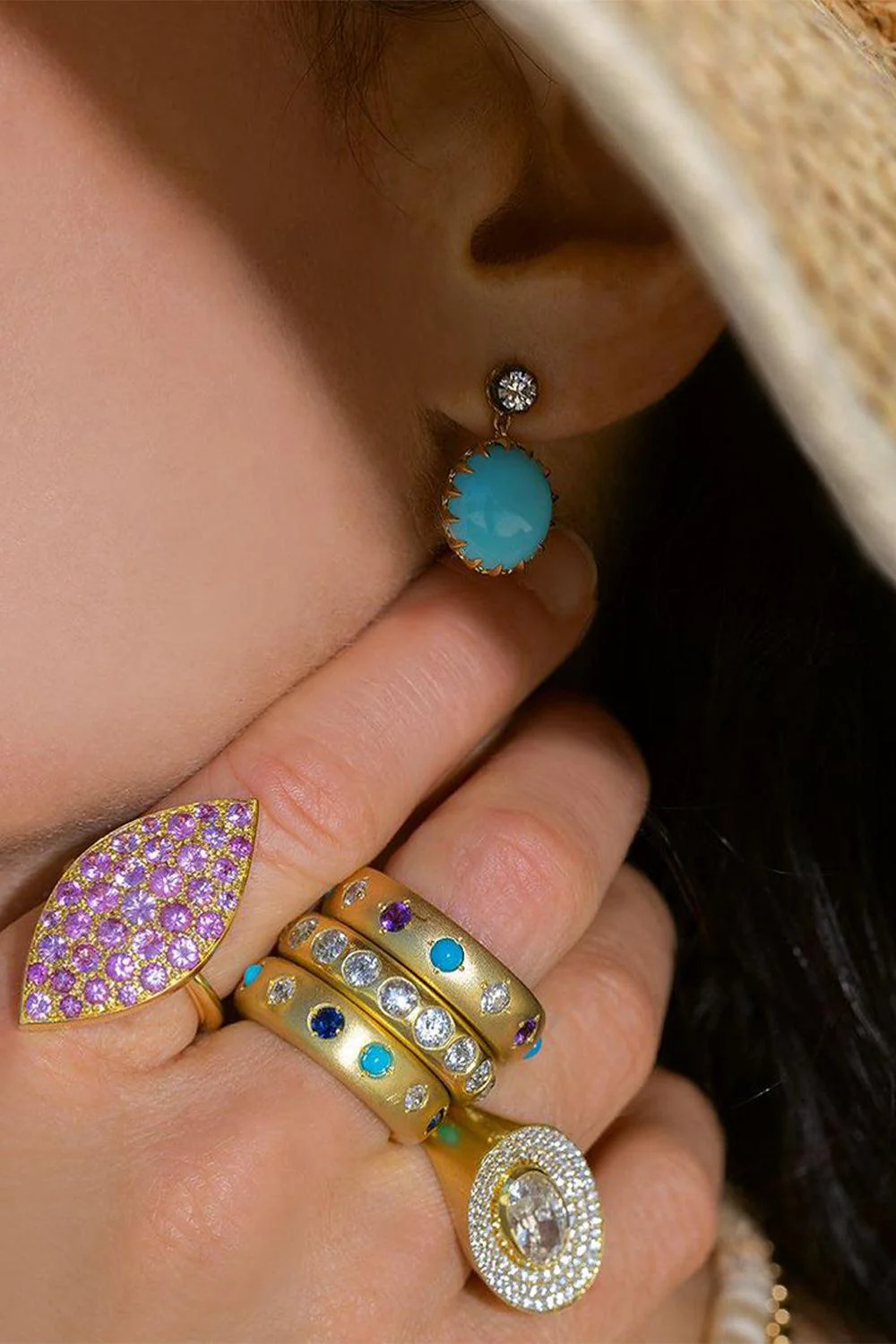 Turquoise Diamond Amethyst Gypsy Ring - Image 2