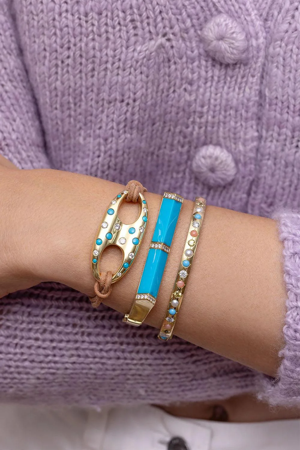 Turquoise Diamond Pyramid Bangle Bracelet - Image 2