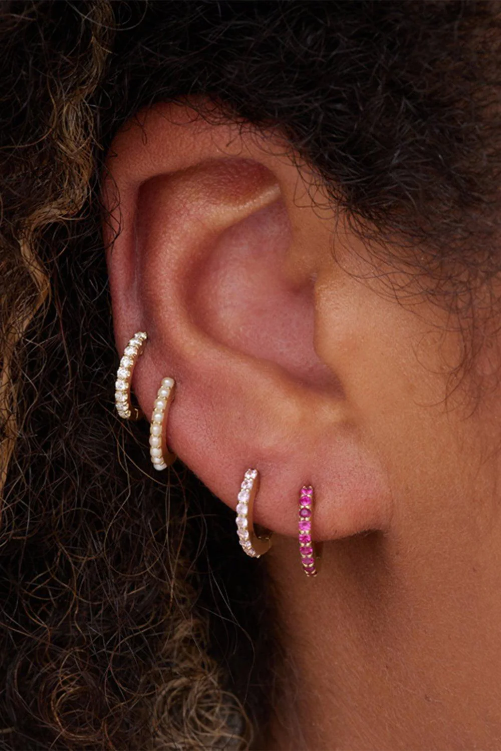 Small Pink Sapphire Huggie Earrings - Image 2