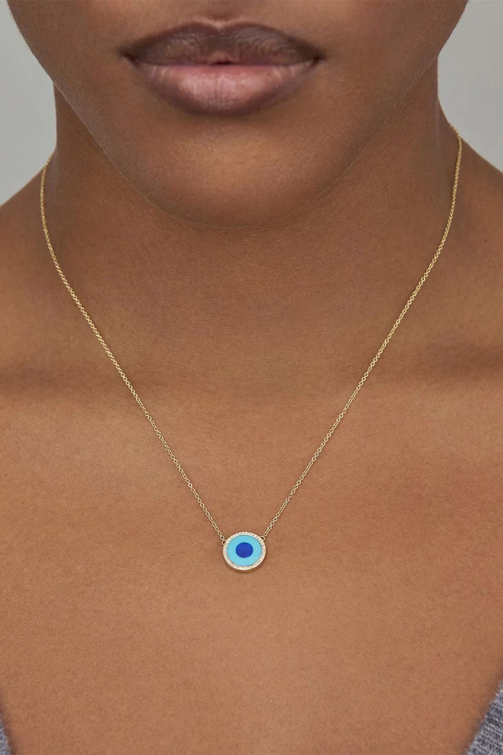 Turquoise Lapis Diamond Mini Inlay Evil Eye Necklace - Image 2