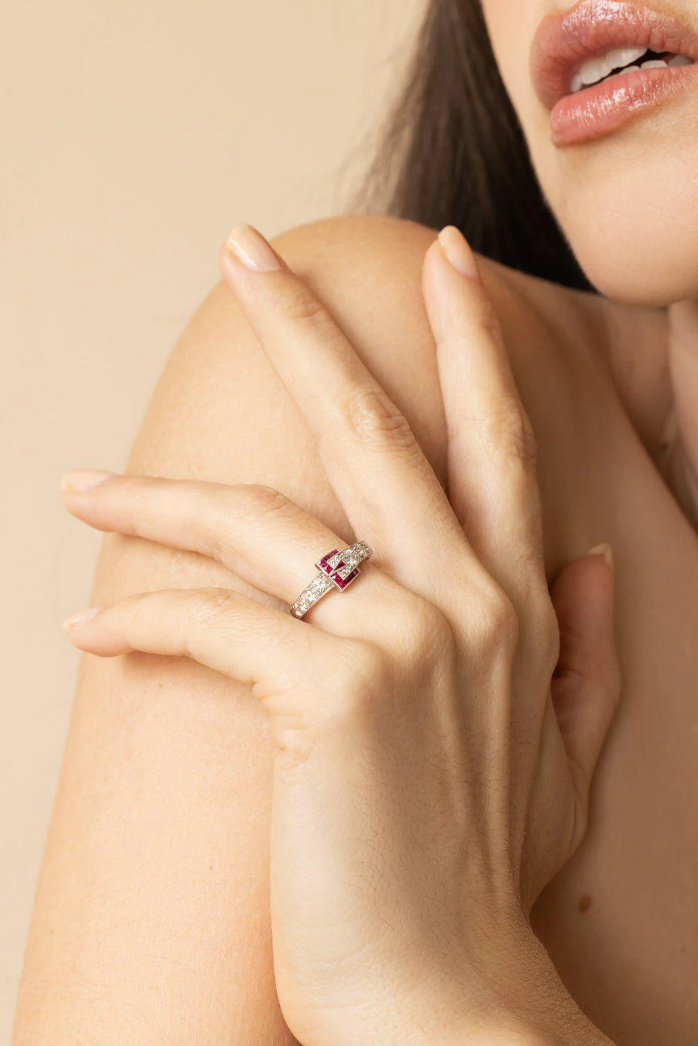 Vintage Diamond Ruby Buckle Ring - Image 2