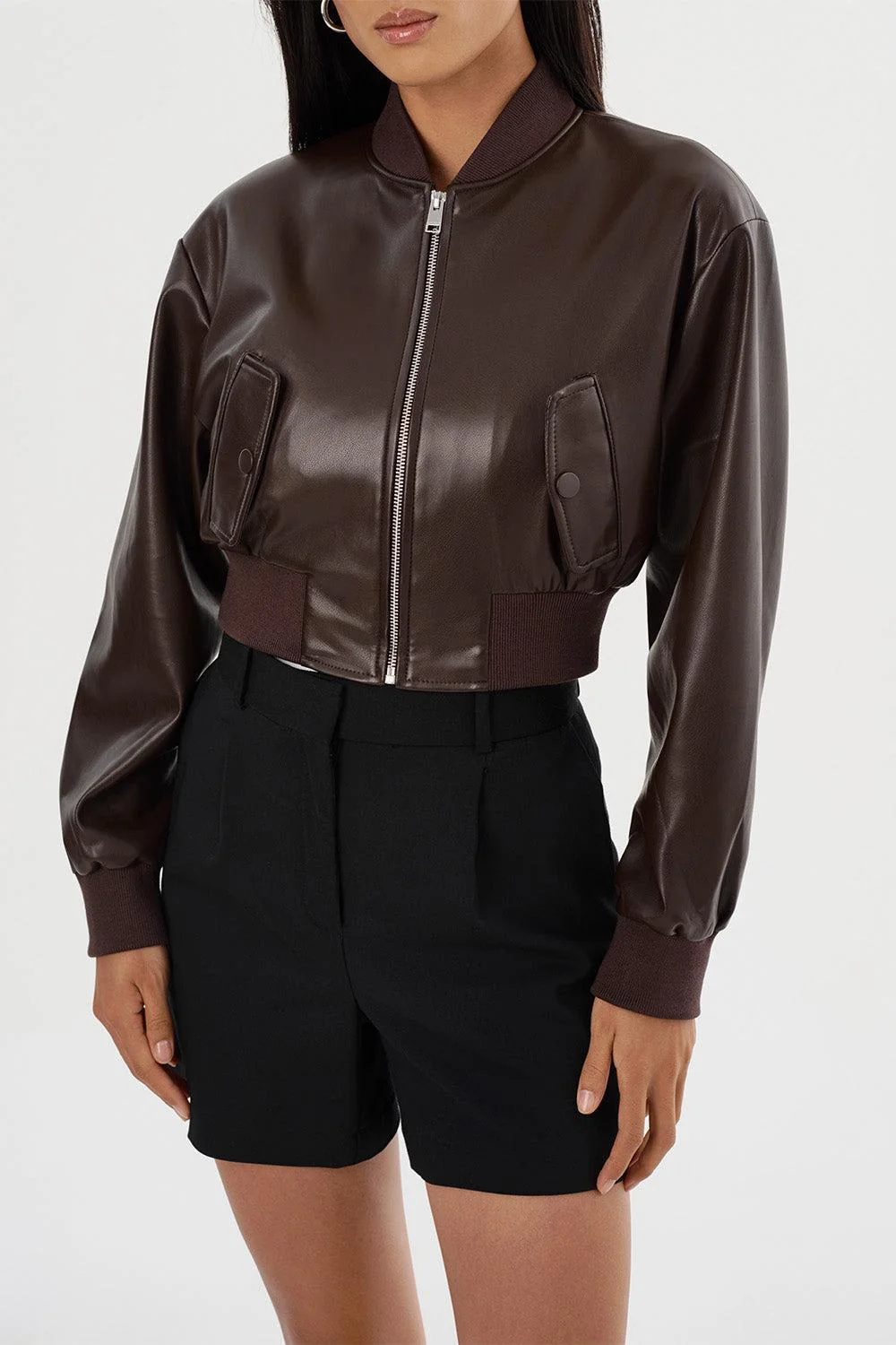 Evelin Crop Bomber Jacket - Dark Brown - Image 3