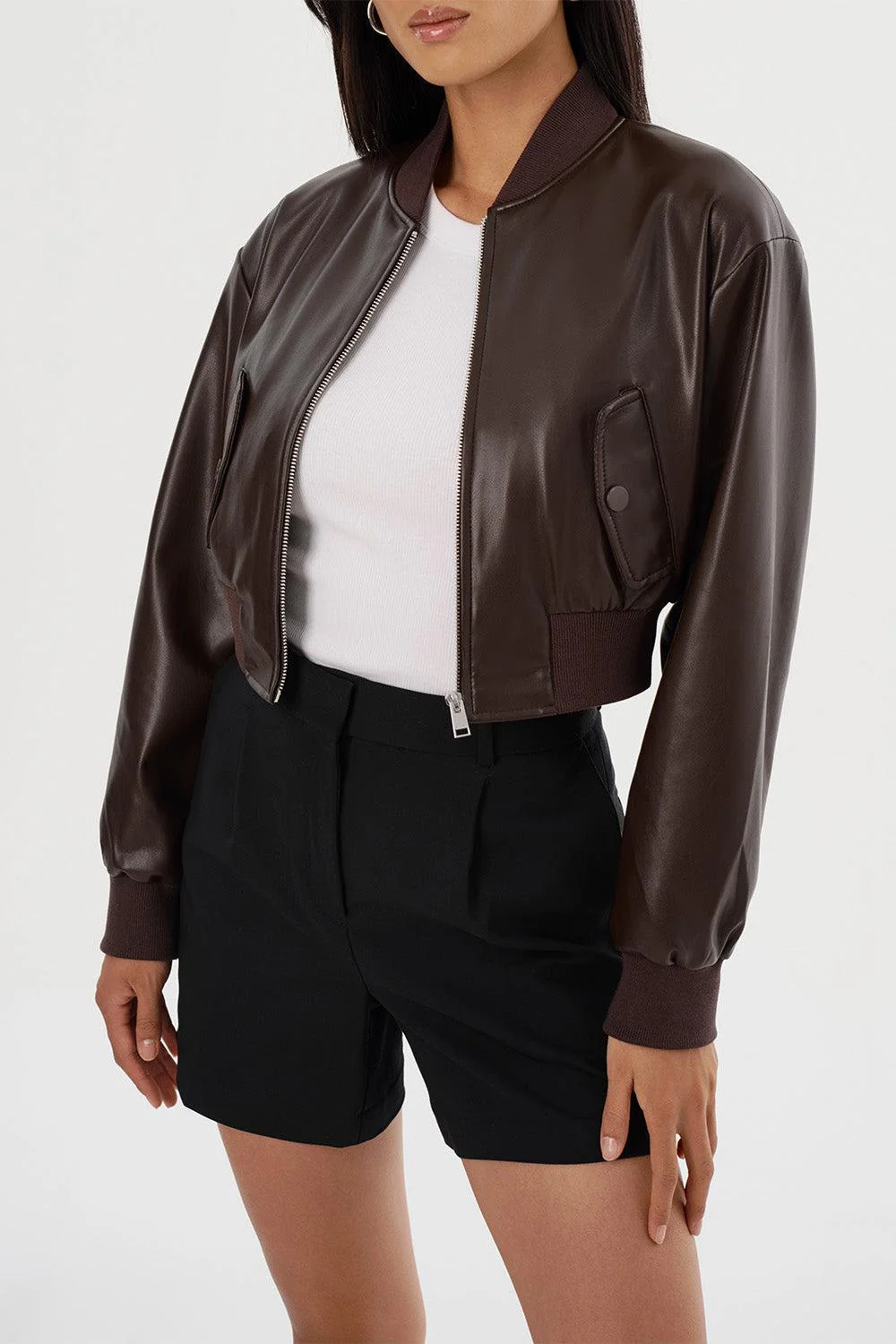 Evelin Crop Bomber Jacket - Dark Brown - Image 4