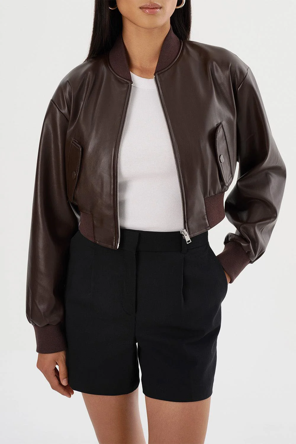 Evelin Crop Bomber Jacket - Dark Brown - Image 6