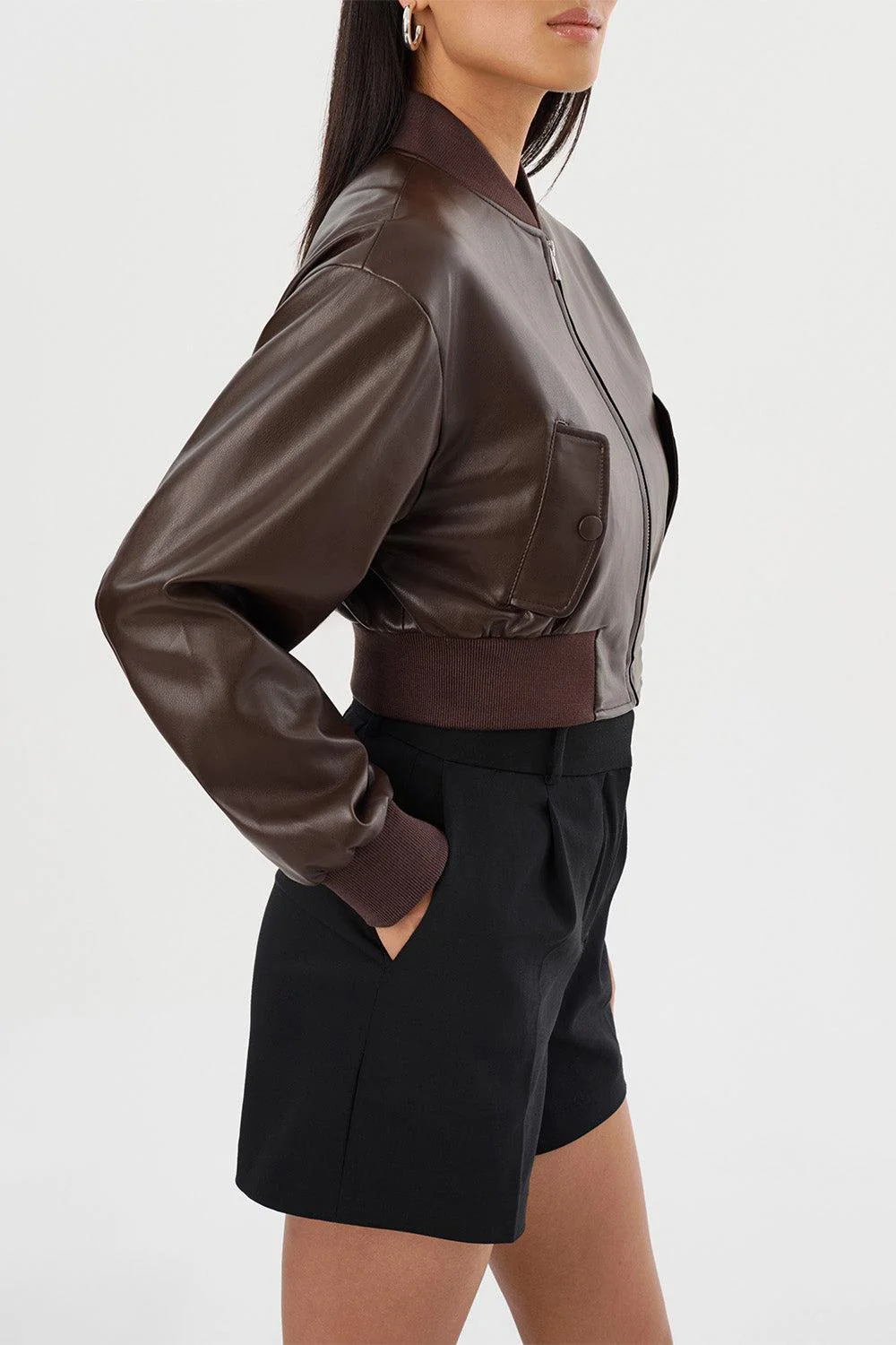 Evelin Crop Bomber Jacket - Dark Brown - Image 8