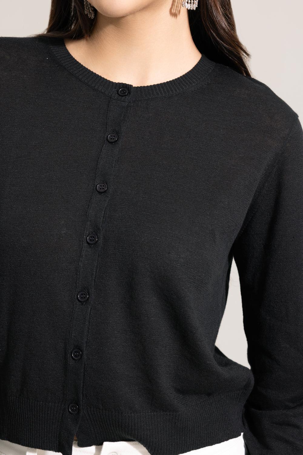Long Sleeve Crewneck Cardigan - Black - Image 2