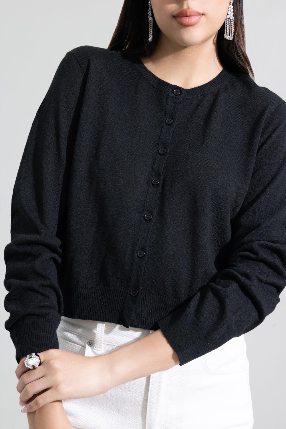 Long Sleeve Crewneck Cardigan - Black - Image 3