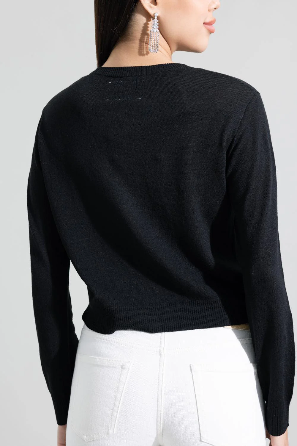 Long Sleeve Crewneck Cardigan - Black - Image 4