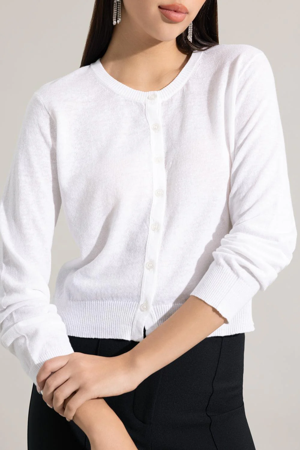 Long Sleeve Crewneck Cardigan - White - Image 2