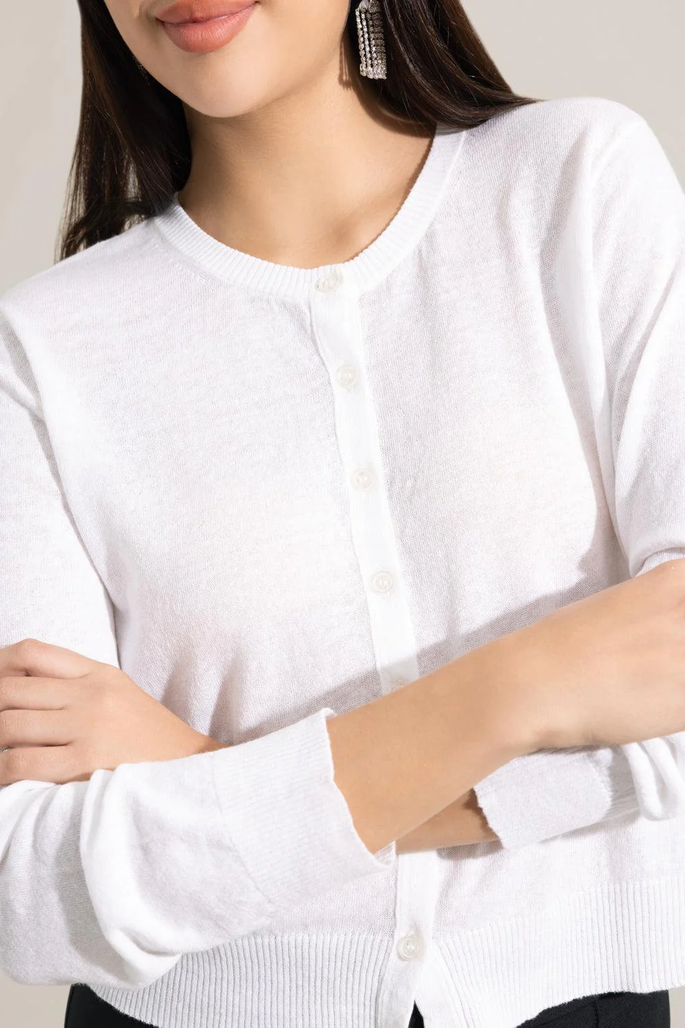 Long Sleeve Crewneck Cardigan - White - Image 3